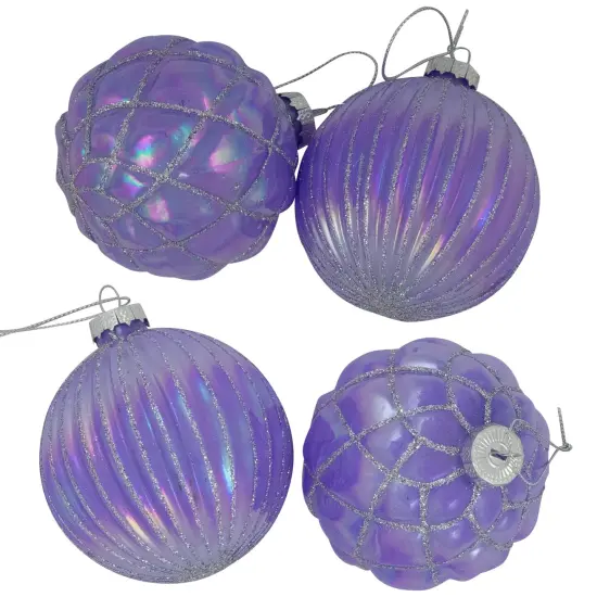 Northlight Shiny Glittered Iridescent Glass Ball Christmas Ornaments - 3" (80mm) - Purple- 4ct {4}