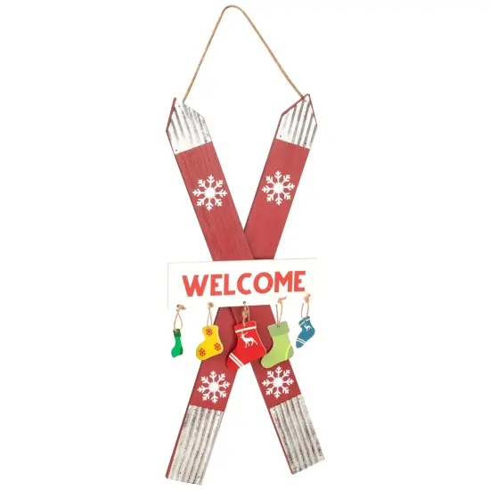 Northlight Wooden Welcome Skis with Christmas Stockings Hanging Decoration - 23.5" Red {4}