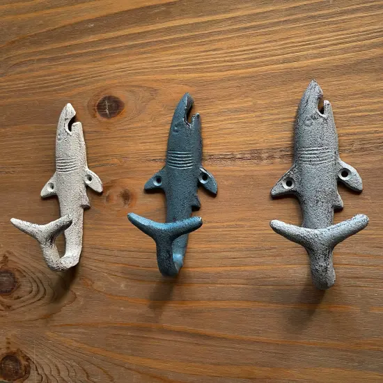 Set of 3 Shark Wall Hooks in Blue, Gray, White &ndash; Perfect for Nautical Themes {6}