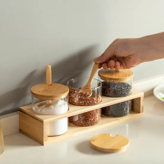 Basicwise 3-Piece Glass Containers with Bamboo Lids and Tray Holder &ndash; Decorative Storage for Condiment Pots and Spice Jars - Coffee Station Accessories, Perfect Organizer for Home Kitchen or Caf&eacute; {3}