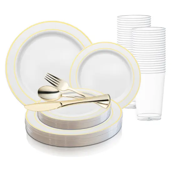 White with Gold Edge Rim Plastic Wedding Value Set (60 Settings) {1}