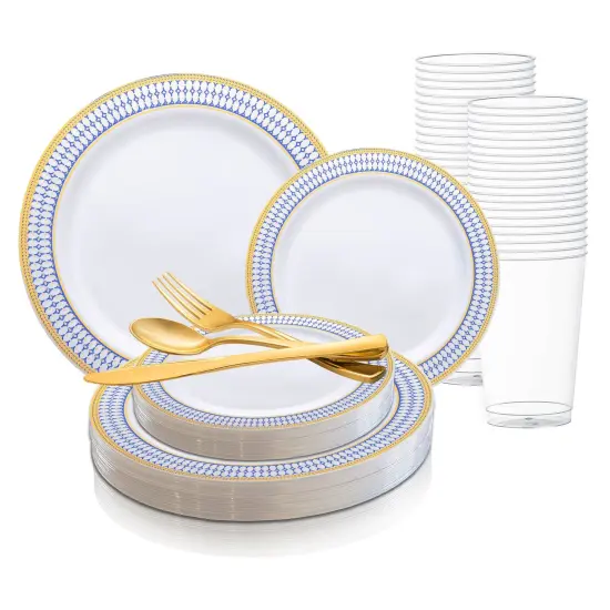 White with Blue and Gold Chord Rim Plastic Wedding Value Set (20 Settings) {1}