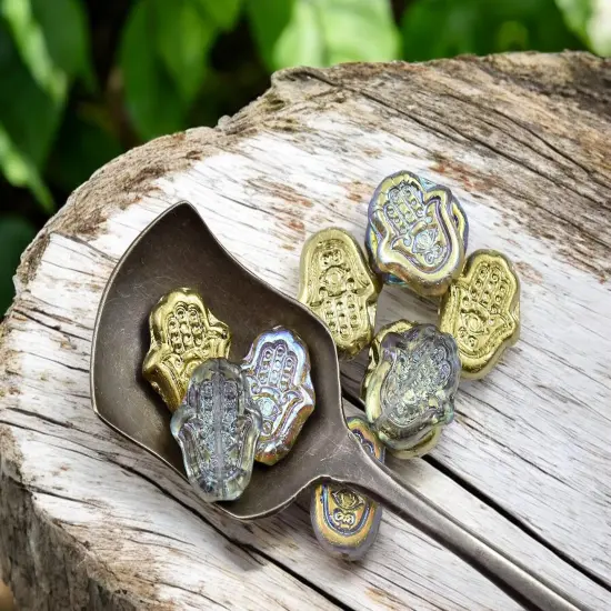*10* 15x10mm Gold Lustered Washed Crystal Hamsa Hand Beads {1}