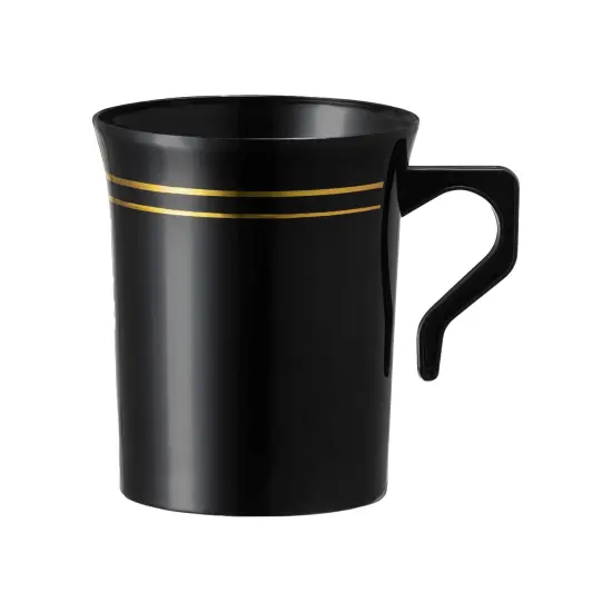 Black with Gold Edge Rim Round Plastic Coffee Mugs - 8 oz. (120 Mugs) {1}
