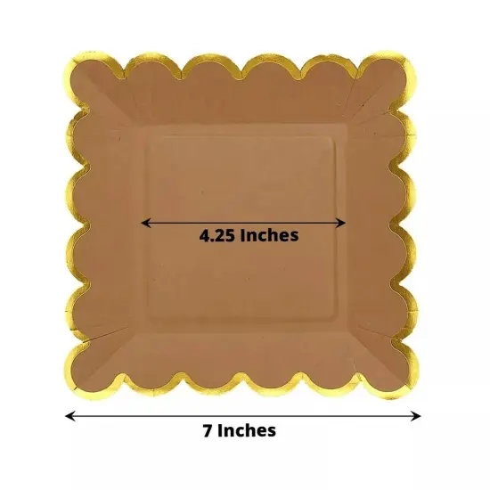 25 Natural 7" Square Disposable Salad Paper PLATES Gold Scalloped Trim Party {3}