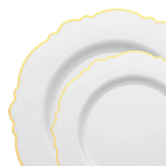 White with Gold Rim Round Blossom Disposable Plastic Dinnerware Value Set (120 Guests) {1}