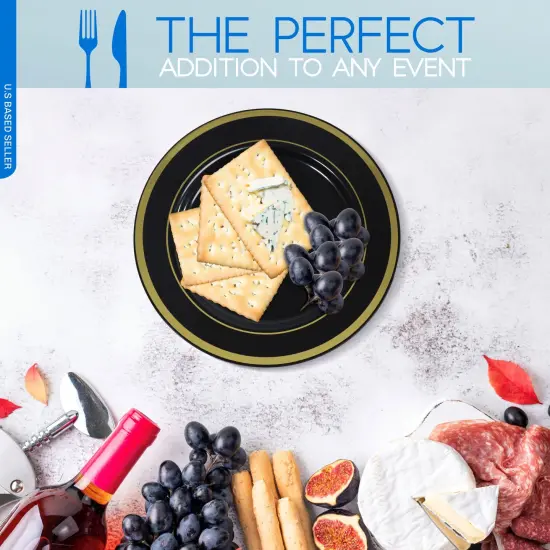 Lot45 Black and Gold Plastic Plates 7.5 Inch - Black Plastic Plates Bulk 100pk {5}