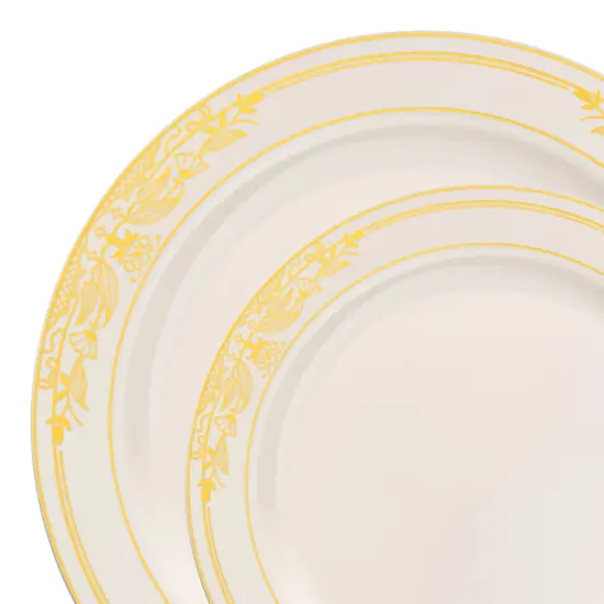Ivory with Gold Harmony Rim Plastic Dinnerware Value Set (120 Guests) {1}