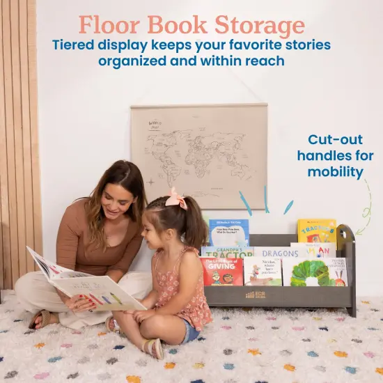 3-Shelf Floor Book Display with Handles, Beginner Bookshelf Grey Wash {3}