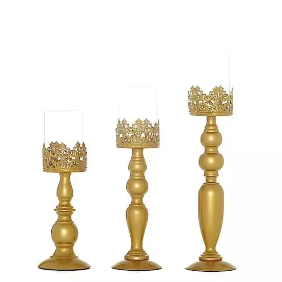 3 pcs Gold Metal Lacy Trim Glass Candle Holders Party Centerpieces {1}