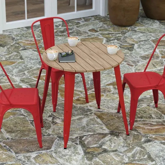 Merrick Lane Dryden Indoor/Outdoor Dining Table, 30" Round All Weather Poly Resin Top with Steel Base Brown Top/Red Frame {3}