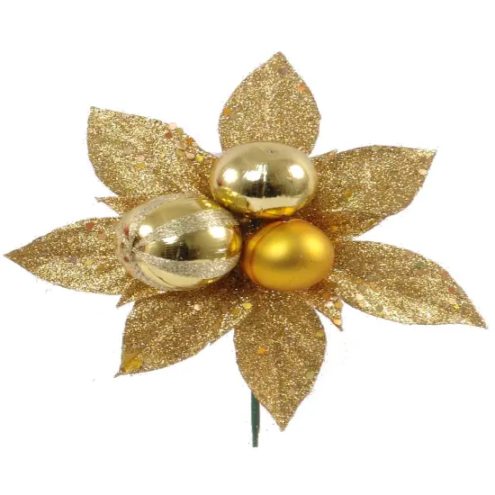 Gold Poinsettia Pick 7" &ndash; Glittering Gold Flower with 3 Ornament Balls, Perfect for Holiday Decor, Wreaths, Garlands, and Christmas Arrangements {1}