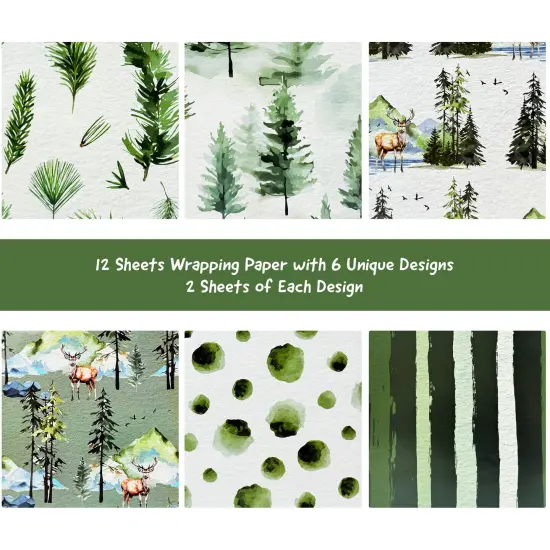 Wrapables Christmas Holiday Gift Wrap Paper Sheets Folded Flat 20L x 27W inches (12 Sheets), Green Nature {3}