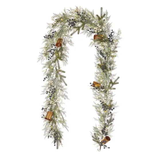Christmas Mixed Mica Foliage with Blueberries and Harmony Bells 9ft Garland Pre-Lit with 50 LED Fairy Lights B/O {1}