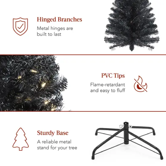 Best Choice Products 4.5ft Pre-Lit Black Artificial Christmas Tree, Holiday Pencil Tree w/ 100 Incandescent Lights, Base {7}