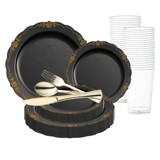 Black with Gold Vintage Rim Round Disposable Plastic Wedding Value Set (60 Settings) {1}