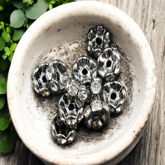 Gunmetal w/ Crystal Rhinestone Wavy Edge Rondelle Spacer Beads {3}