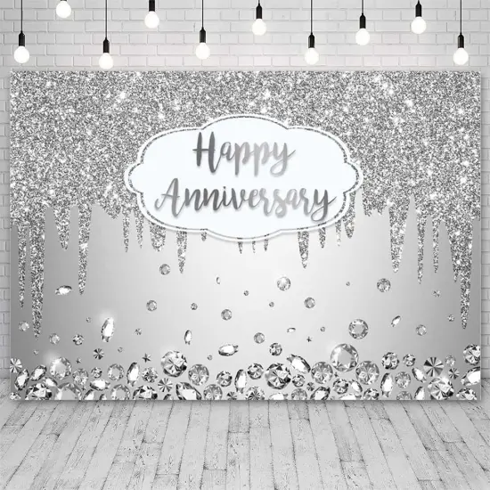 7x5ft Happy Anniversary Backdrop Silver Dripping Glitter Crystals {2}