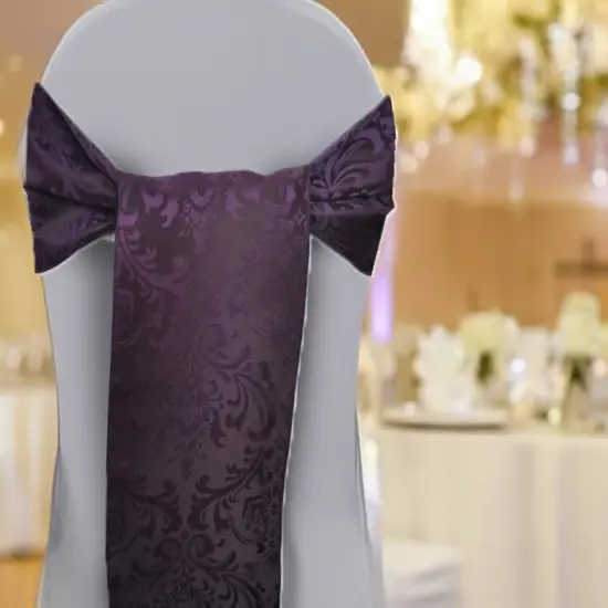 10 Pieces Eggplant Floral Damask Jacquard Chair Sashes 7.5 x 108 Inches {2}