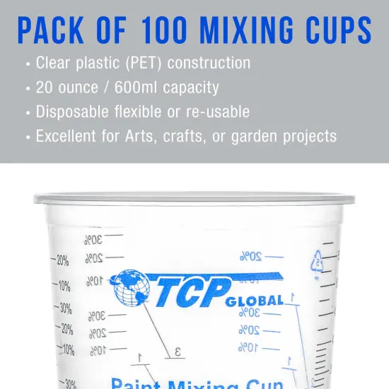 TCP Global 20 Ounce (600ml) Disposable Flexible Clear Graduated Plastic Mixing Cups - Box of 100 Cups & 50 Mixing Sticks - Use for Paint, Resin Epoxy {4}