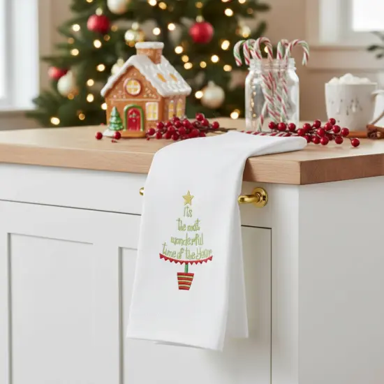 Christmas Tree Motif "It's The Most Wonderful Time of the Year" 100% Cotton Guest Towel {3}