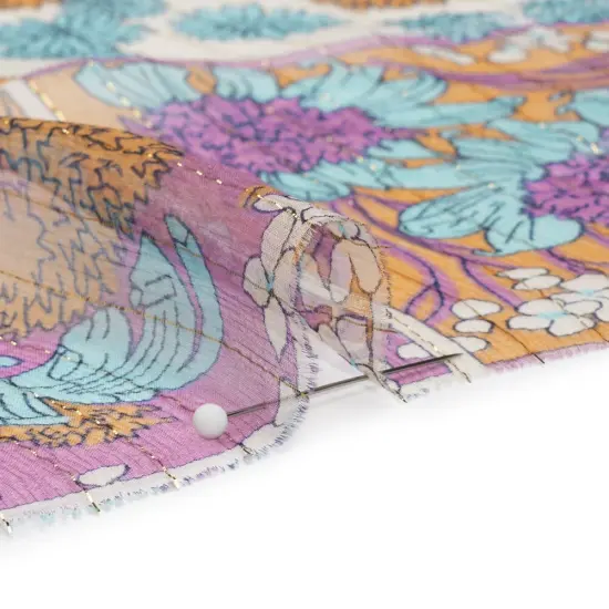 1 Yard Orchid Creamsicle Blue Floral Patchwork Metallic Pinstripe Silk Chiffon, 55 Inches Wide {2}