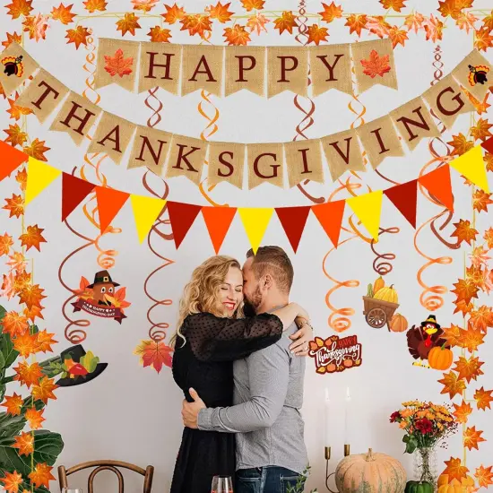 Happy Thanksgiving Burlap Banner (Red, Orange, Yellow, Brown) {2}