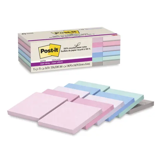 Post-it Recycled Super Sticky Notes - Wanderlust Pastels Collection, 3" x 3", Pkg of 12 {1}