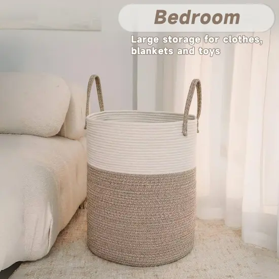Large Woven Laundry Basket Hamper,60L Cotton Rope Storage Bin for Blankets,Toys and Clothes,Decorative Tall Nursery Hamper {4}