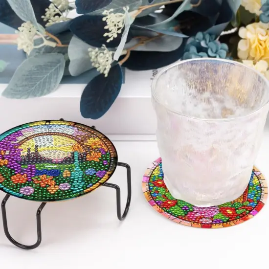 8 Pcs Diamond Art Painting Coasters with Holder, DIY Colorful Flowers Diamond Art Coasters for Drinks Diamond Art Painting Kits for Beginners, Diamond Kits Craft Supplies for Adults Kids {5}