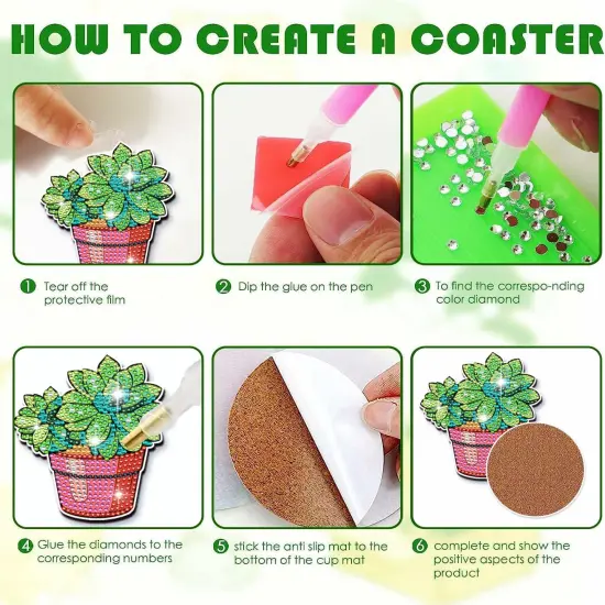 8 Pcs DIY Diamond Art Painting Green Plants Coasters with Holder, Succulent Coasters Diamond Art Kits for Adults Beginners. Diamond Craft Supplies Coasters DR04 {4}