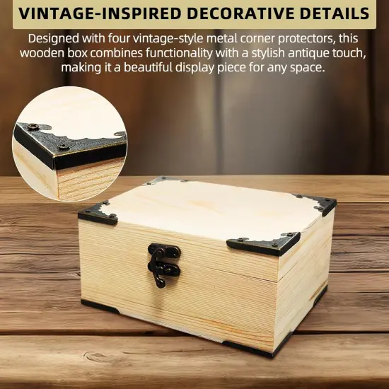 Unfinished Unpainted Wooden Box with Hinged Lid for Crafts DIY, Storage Jewelry Plain Pine Box with 4 Pcs Retro Style Decorative Corner Protectors {5}