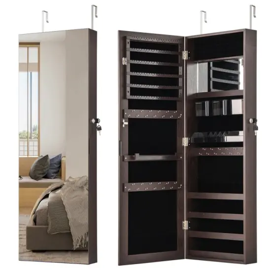43.5 Inch Jewelry Mirror Cabinet with Full-length Mirror and Adjustable Hangers Dark Brown {9}