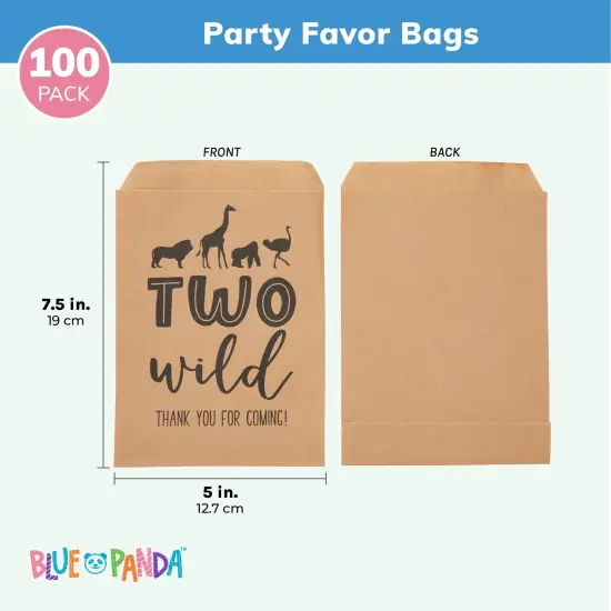 2nd Birthday Decorations for Kids, Girls Boys Two Wild Birthday Party Favor Bags 5 x 7.5" Brown {3}