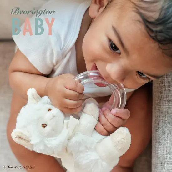 Bearington Baby Lil&rsquo; Alma Stuffed Animal Rattle: 5.5&rdquo; Llama Shaker Toy with Soft Plush Faux-Fur, Satin Bow, Clear Ring and Moving Beads; Makes a Great Baby Shower Gift White {7}