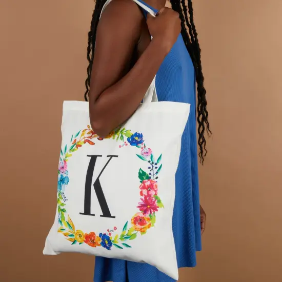Set of 2 Reusable Monogram Letter K Personalized Canvas Tote Bags for Women, Floral Design (29 Inches) White {3}
