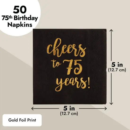 50 Pack Cheers to 75 Years Black and Gold Paper Cocktail Napkins for 75th Birthday Party Supplies, Table Decorations (5 x 5 in) {4}