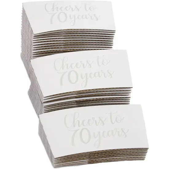 50 Pack 70th Birthday Coffee Cup Sleeves for Cheers to 70 Years Anniversary, 12-16 oz Hot Drink Holder Party Supplies Favors, Silver {6}