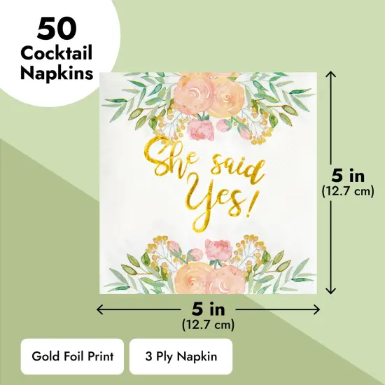 50 Pack Gold Foil She Said Yes Napkins for Engagement Party Supplies, Bridal Shower Decorations, Luncheon, Wedding Decor, Disposable, 3-Ply (White, 5 x 5 Inches) {3}