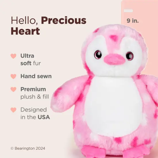 Bearington Collection Precious Heart Stuffed Animal Penguin Plush Heart Printed, Kid Companion Plushie, Great Gift For Birthdays & Holidays, Pink & White, 9 inches, For Ages 3-14 {2}