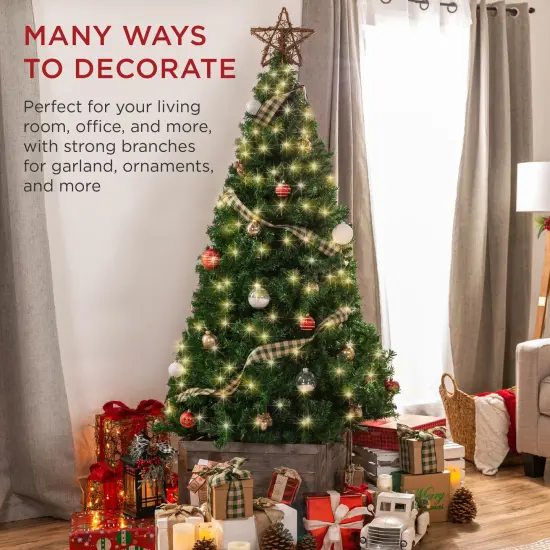 Best Choice Products 6ft Pre-Lit Premium Hinged Artificial Christmas Pine Tree w/ 1,000 Tips, 250 Lights, Metal Base Green {7}