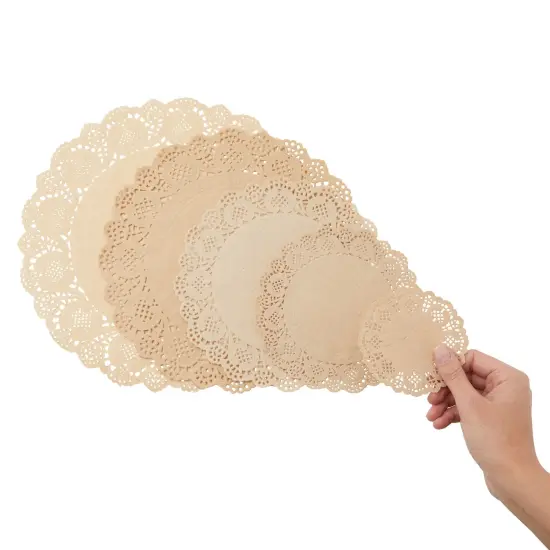250 Pack Paper Doilies Assorted Sizes for Food & Cake, Round Decorative Disposable Placemats, Brown (4, 6.5, 8.5, 10.5, and 12 In) {5}
