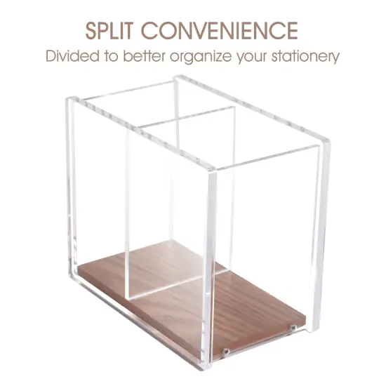 Acrylic Pen Holder, Large Capacity 2 Compartments with Wood Base, Pencil Cup Desk & Makeup Brush Organizer (4.9" x 4" x 2.9") Clear {2}