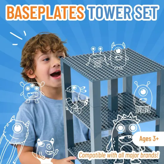 Strictly Briks Classic Stackable Baseplates, Building Bricks For Towers, Shelves, and More, 100% Compatible with All Major Brands, Charcoal Gray, 4 Base Plates & 30 Stackers, 6x6 Inches, Ages 3-14 Grey {2}