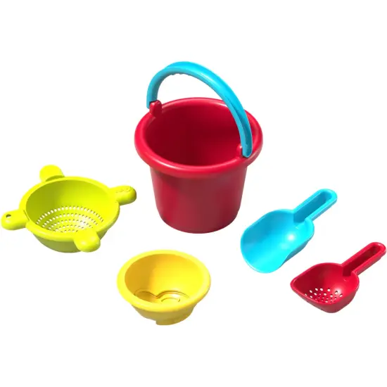 HABA Sand Toys Basic Set - 5 Piece Bundle with Plastic Pail, Sieve, Mold, Scoop and Sifting Shovel Sized just for Toddlers Ages 18 Months + Multicolor {1}