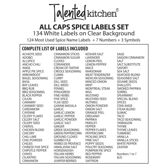 Talented Kitchen 134 Preprinted Minimalist Spice Labels, Bold All Caps White Seasoning Labels for Spice Rack, Kitchen Cabinet and Pantry Organization {6}