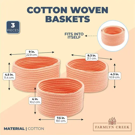 Farmlyn Creek Cotton Woven Baskets for Storage, Peach Organizers (3 Sizes, 3 Pack) Orange {2}