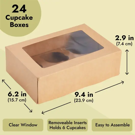24 Pack 6 Count Cupcake Boxes with Windows - To Go Containers for Bakery, Desserts, Muffins (Kraft Paper, 9.4x6.2x2.9 In) Brown {3}