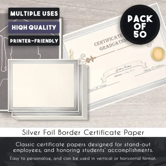 50 Sheets Silver Foil Certificate Paper for Printing - Customizable Blank Cardstock with Border for Graduation Diploma, Achievement Awards, Recognition Documents (8.5 x 11 in, Ivory) {6}