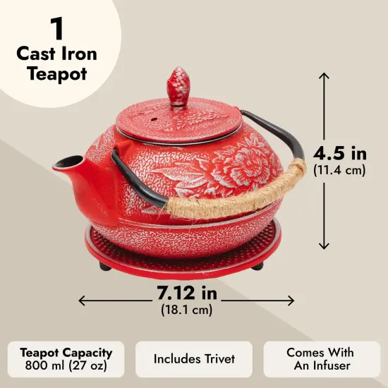 Cast Iron Teapot with Infuser - Japanese Tea Kettle, Loose Leaf Tetsubin with Handle and Trivet (Red, 3 Pcs, holds 27 oz, 800 ml) {3}